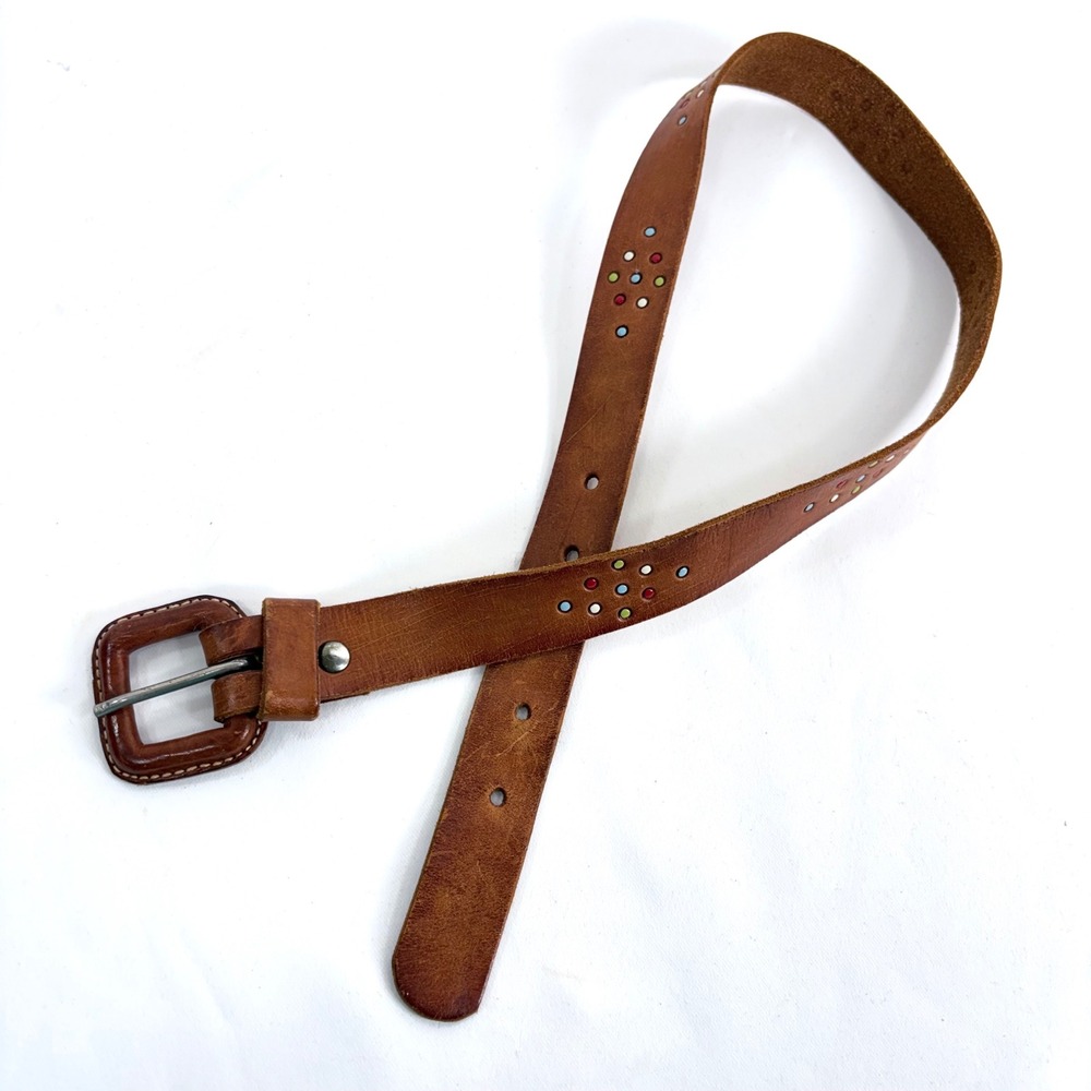Antonio Barral Belt Brown Leather Painted Dots Square Buckle Vintage 90s Size 26
